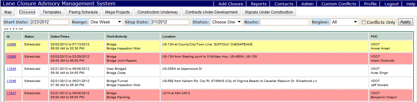 Lane Closure List View